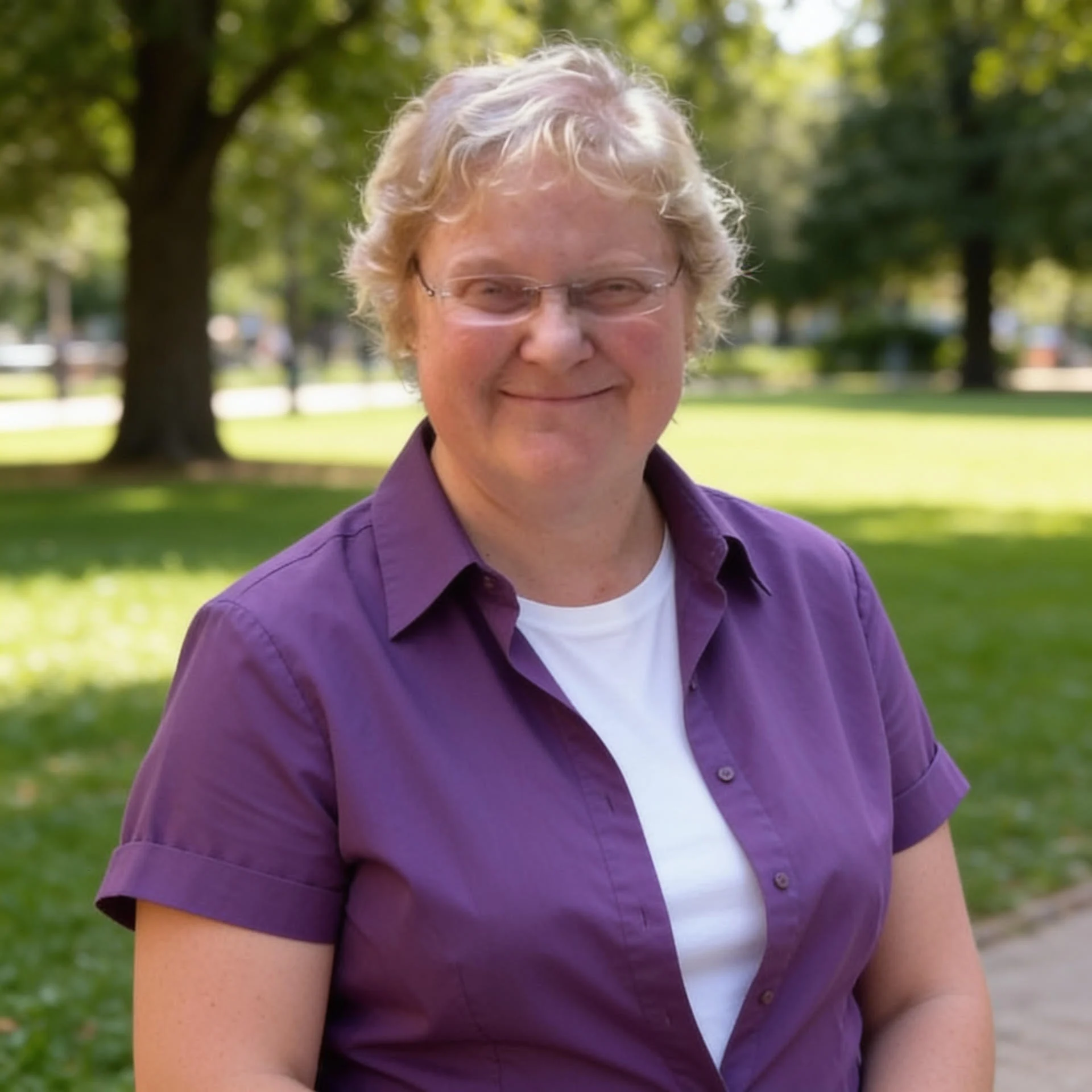 Heather Swaney outdoors under trees, wearing a purple shirt